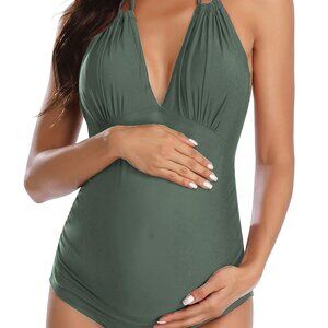 One Piece Maternity Swimwear V-Neck Halter Pregnancy Swimsuits (Army